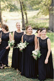 A-Line Round Neck Floor-Length Navy Blue Chiffon Bridesmaid Dress OKR93