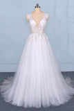 Stunning A Line V Neck Tulle Lace Appliques Wedding Dress, Bridal Dress OKQ12