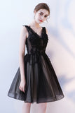 A Line V Neck Black Homecoming Dress, Short Tulle Appliques Prom Dress OKN63