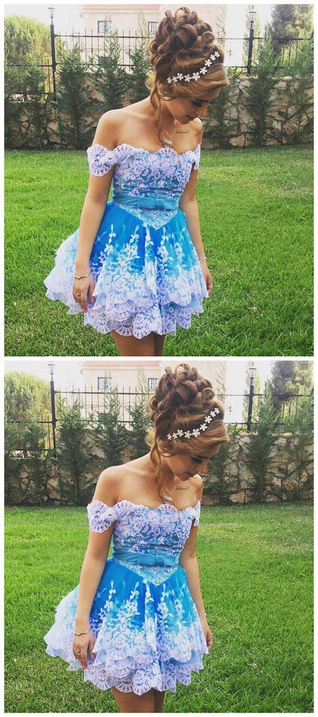 Off Shoulder Lace Appliques Short Prom Gowns, Cute Homecoming Dress OKC44