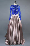 A Line Royal Blue Two Piece Long Sleeve Lace Top Prom Dress OK614