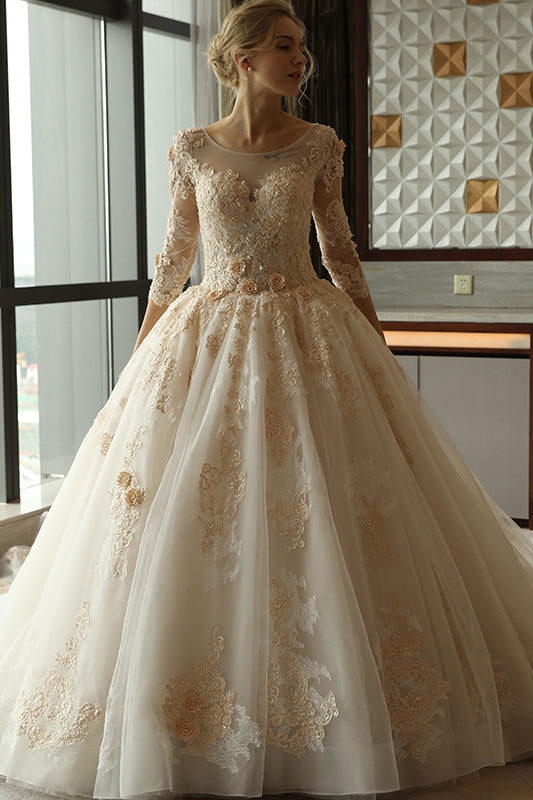 3/4 Sleeve Lace Appliques Tulle Ball Gowns Plus Size Wedding Dress OK639