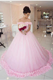 Ball Gown Off shoulder Pink Tulle Flowers Wedding Dress,Pink Quinceanera Dresses OK224