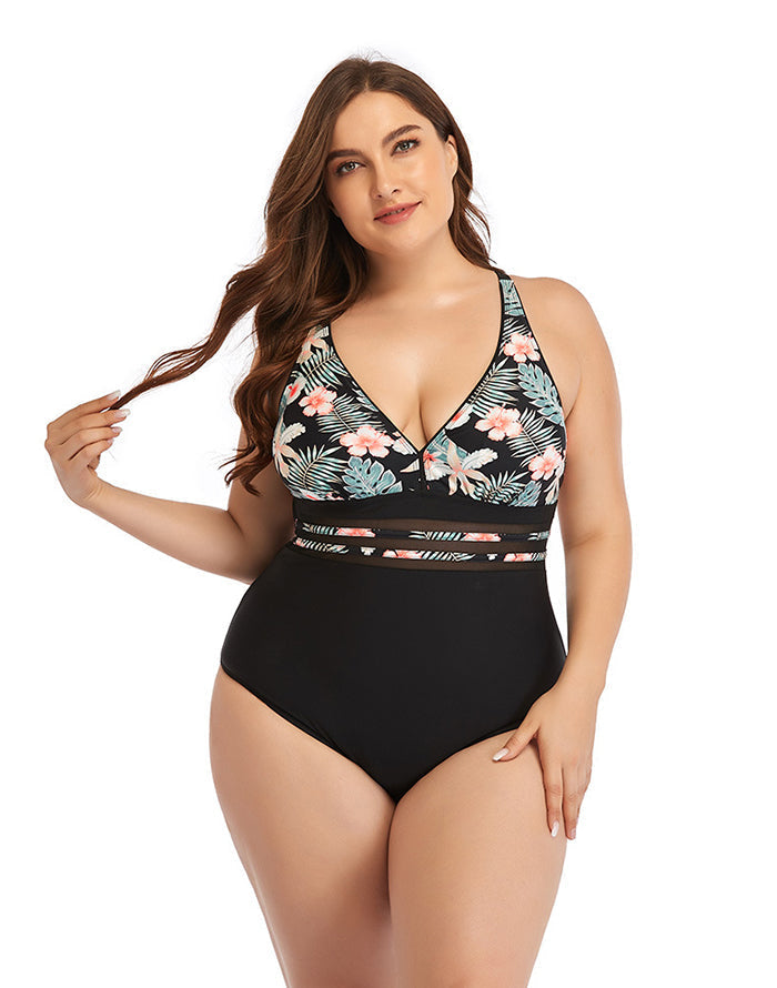 Ocevara Pink Flower V-Neck Tie One-Piece Swimsuit - image 1