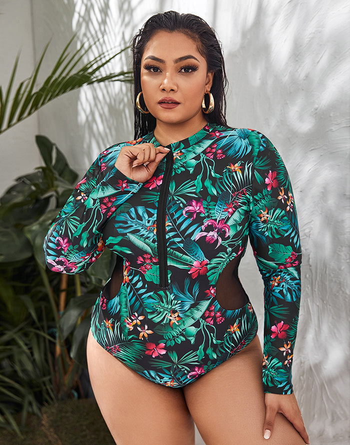 Ocevara - Palm Leaves Color High Neckline Long Sleeve Zipper One Piece Swimsuit Main image