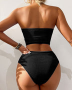 Ocevara - Women Bandeau High Waisted Bikini Sets Smocked Swimsuit Strapless Two Piece Bathing Suit Swimwear Beachwear