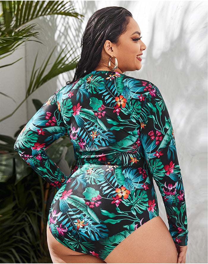 Ocevara - Palm Leaves Color High Neckline Long Sleeve Zipper One Piece Swimsuit