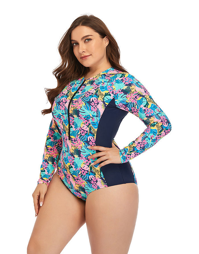 Ocevara - Multicolor High Neckline Zip Long Sleeve One Piece Swimsuit