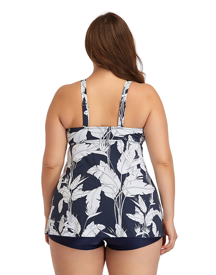 V-neck Printed Plus Size Swimdress with Boxer Swimming Trunks Secondary image