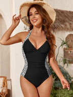 Ocevara - Women One Piece Swimsuit Leopard Splicing Halter V Neck Sexy Tummy Control Push Up Swimwear Back Tie Bathing Suit