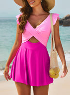 Ocevara - Women's One Piece Swimsuit Ruffle Cutout Swimdress Tummy Control V Neck Wrap Swimwear