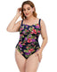 Purple High Neckline Floral One-Piece Swimsuit