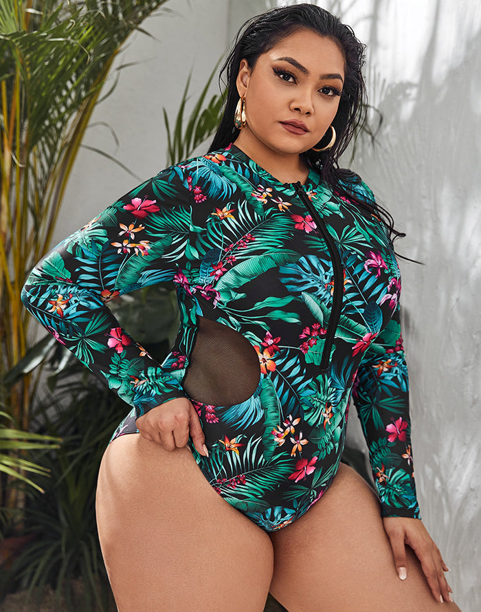 Ocevara - Palm Leaves Color High Neckline Long Sleeve Zipper One Piece Swimsuit