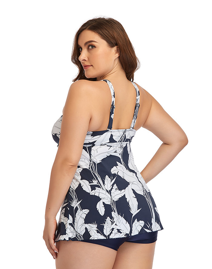 V-neck Printed Plus Size Swimdress with Boxer Swimming Trunks