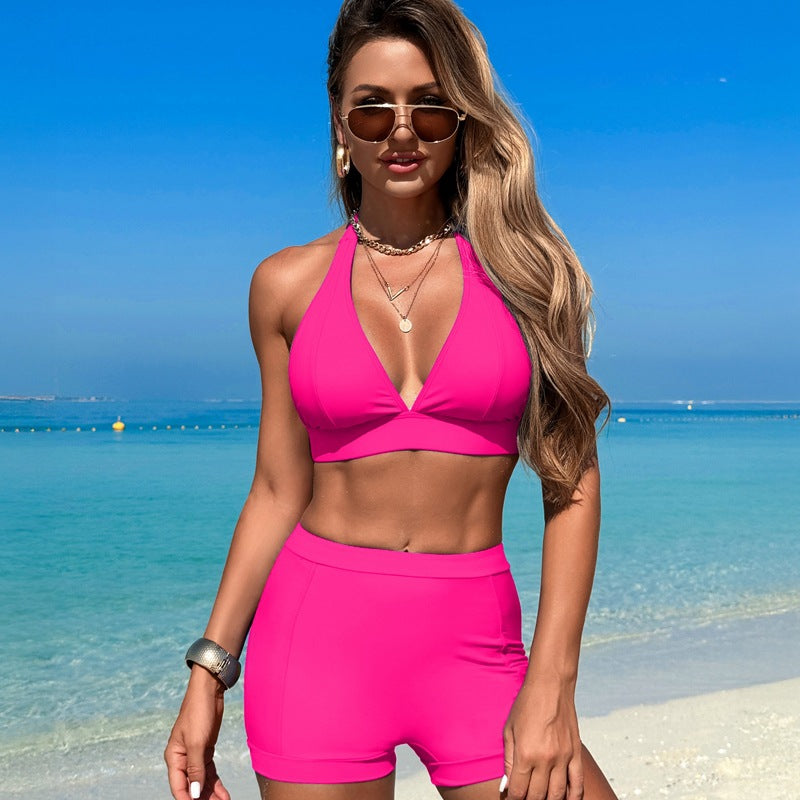 Ocevara - Women's Bikini Sets Trim 2 Piece High Waisted Swimsuit Halter V Neck Adjustable Drawstring Straps Bathing Suit with Boyshort
