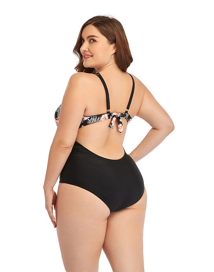 Pink Flower V-Neck  Tie One-Piece Swimsuit