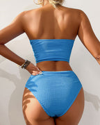 Ocevara - Women Bandeau High Waisted Bikini Sets Smocked Swimsuit Strapless Two Piece Bathing Suit Swimwear Beachwear