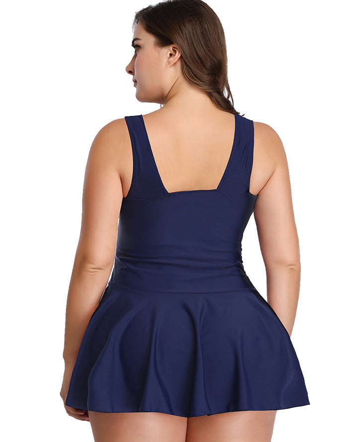 Ocevara - Dark Blue V-Neck Skirt One Piece Swimdress