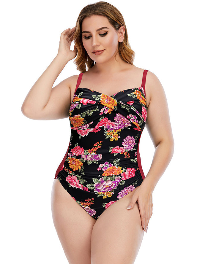 Red High Neckline Floral One-Piece Swimsuit Main image