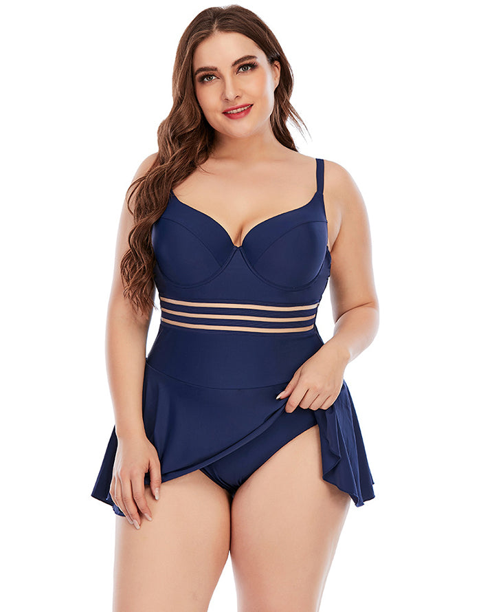 Dark Blue Sweetheart Neckline Skirt One-Piece Swimsuit