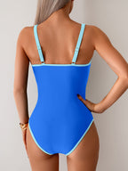 Ocevara - Womens Tummy Control Swimsuit Color Block One Piece Bathing Suits Slimming Double Straps Swimwear High Cut Swim Suit