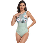 Ocevara - Womens One Piece Swimsuits Tummy Control Slimming Bikini Sets V Neck Printing Mesh Sheer Bathing Suit