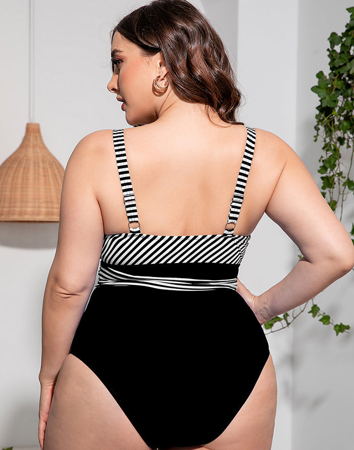 Solid Striped Plus Size One-Piece Swimsuit Secondary image