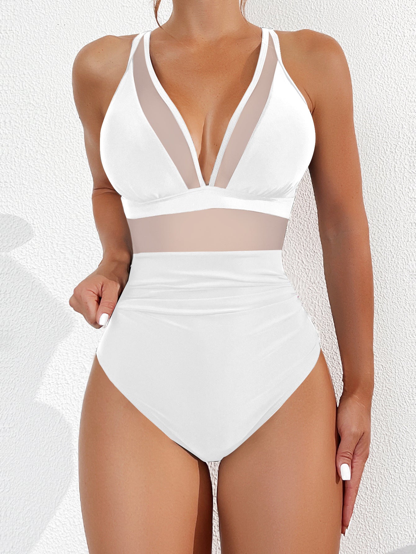 Ocevara - Women Plus Size One Piece Swimsuit V Neck Mesh Sheer Tummy Control Bathing Suit