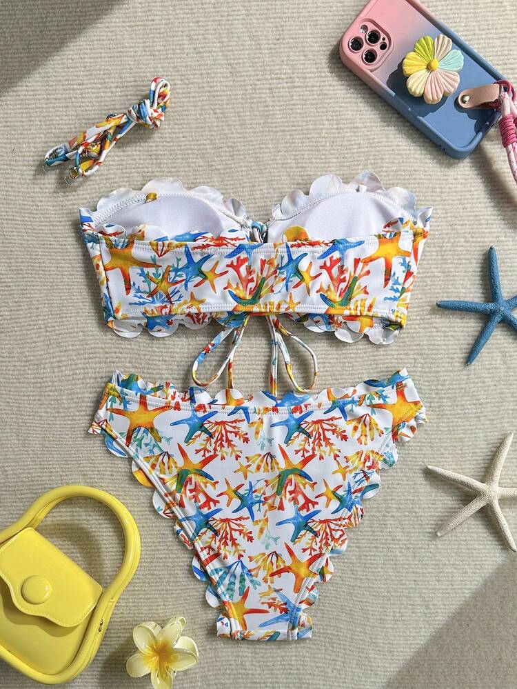 Leaf Print Flounce Halter Tie Front Bikini Set