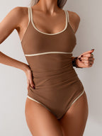 Ocevara - Womens Tummy Control Swimsuit Color Block One Piece Bathing Suits Slimming Double Straps Swimwear High Cut Swim Suit