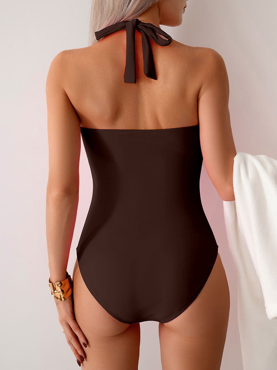 Ocevara - Women's One Piece Swimsuit V Neck Halter Swimwear Twist Front Ruched Tummy Control Bathing Suit