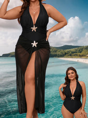 Plunge Mesh Slit One-Piece Swimsuit