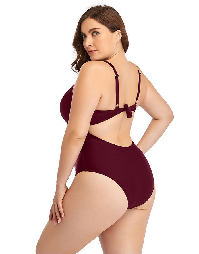 Maroon Sweetheart Neckline Hollow One-Piece Swimsuit