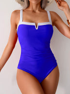 Ocevara - Women's One Piece Swimsuits Color Block Slimming Tummy Control Bathing Suit V Vired Full Coverage Swimwear