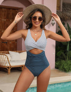 Ocevara - Womens One Piece Swimsuits Push Up Tummy Control Bathing Suits V Neck Cutout Modest Swimwear