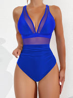 Ocevara - Women Plus Size One Piece Swimsuit V Neck Mesh Sheer Tummy Control Bathing Suit