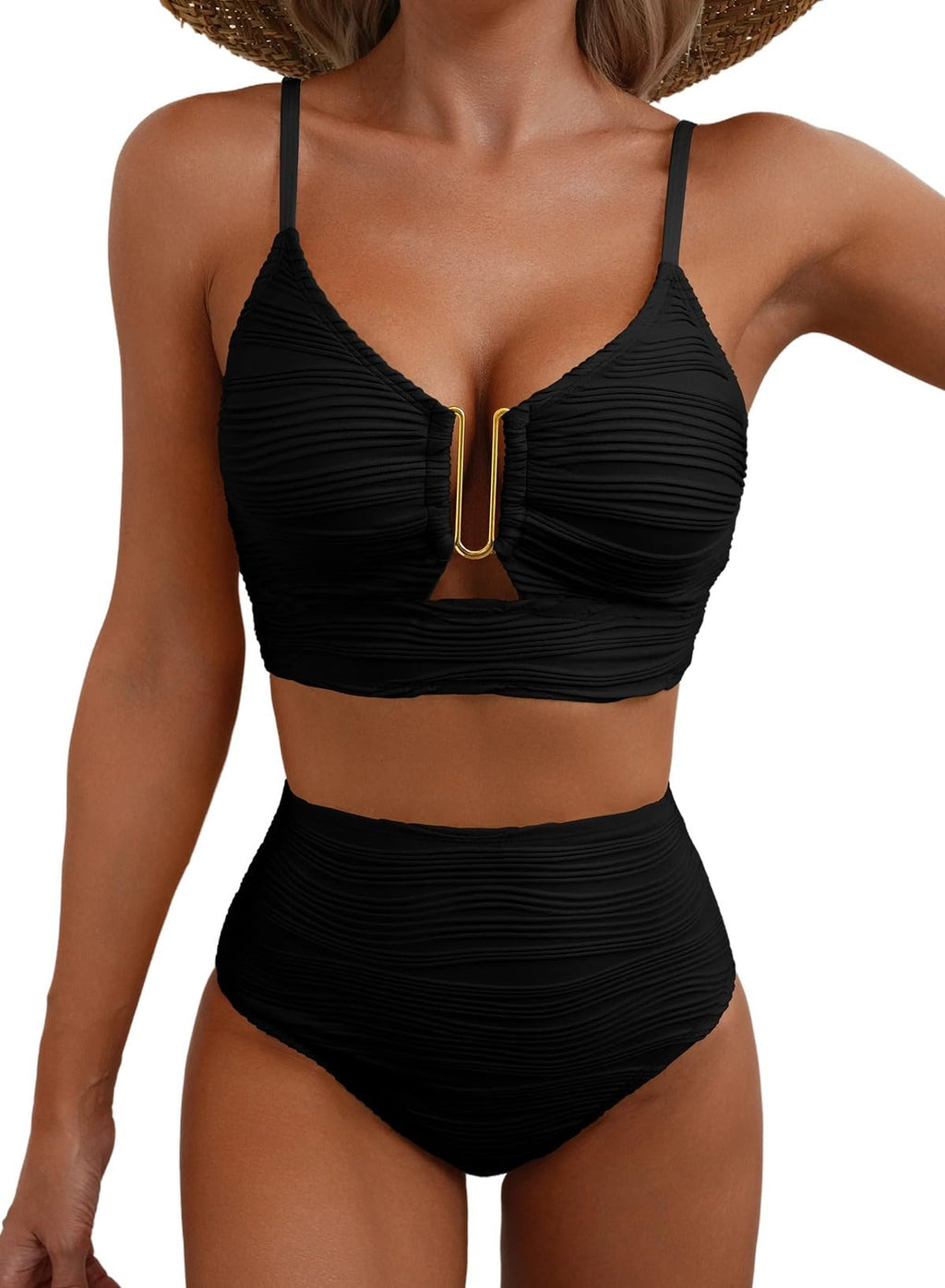 Ocevara High-Waisted Tummy Control Bikini Set Textured U-Wire Cutout Swimwear