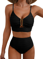 Ocevara High-Waisted Tummy Control Bikini Set Textured U-Wire Cutout Swimwear