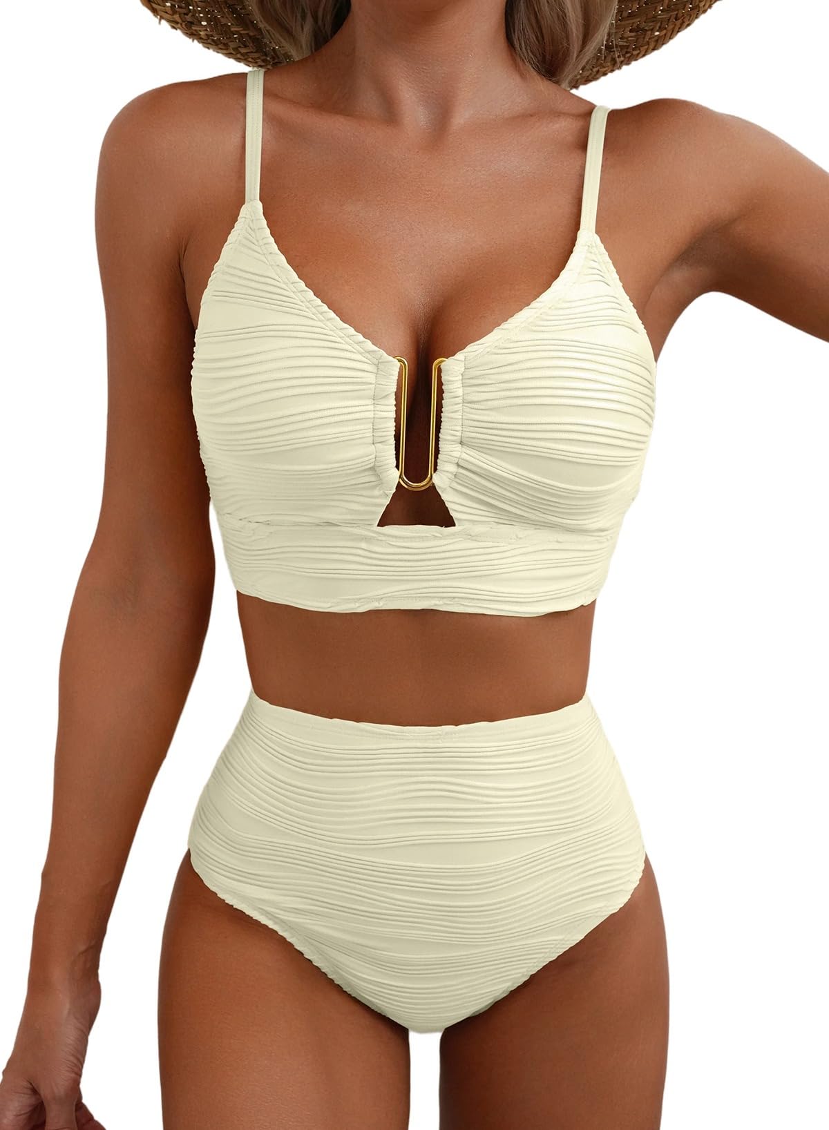 Ocevara High-Waisted Tummy Control Bikini Set Textured U-Wire Cutout Swimwear