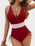Ocevara - Women Tummy Control Swimsuits One Piece Slimming Modest Bathing Suit Color Block Drawstring Swim Suits