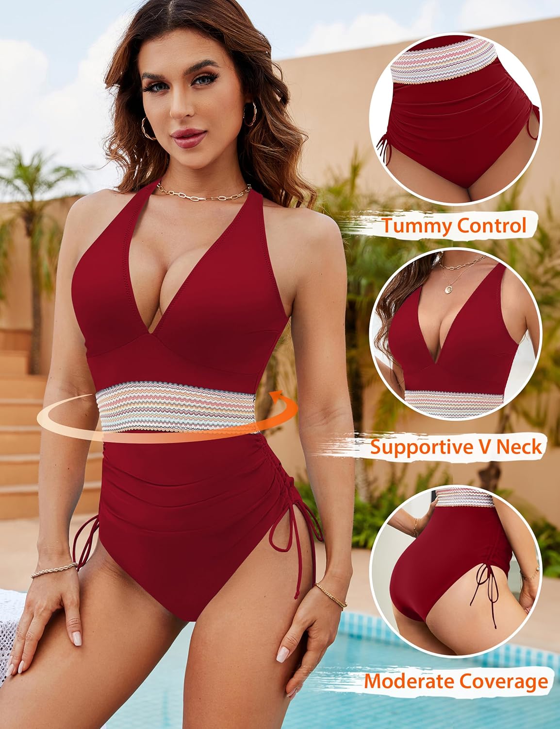 Ocevara - Women Tummy Control Swimsuits One Piece Slimming Modest Bathing Suit Color Block Drawstring Swim Suits
