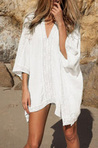 Ocevara - White V-Neck Loose Cover Up