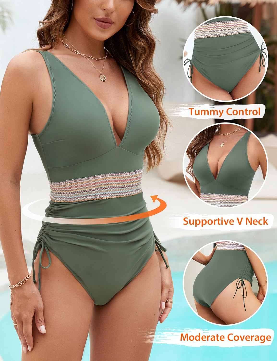 Ocevara - Women Tummy Control Swimsuits One Piece Slimming Modest Bathing Suit Color Block Drawstring Swim Suits