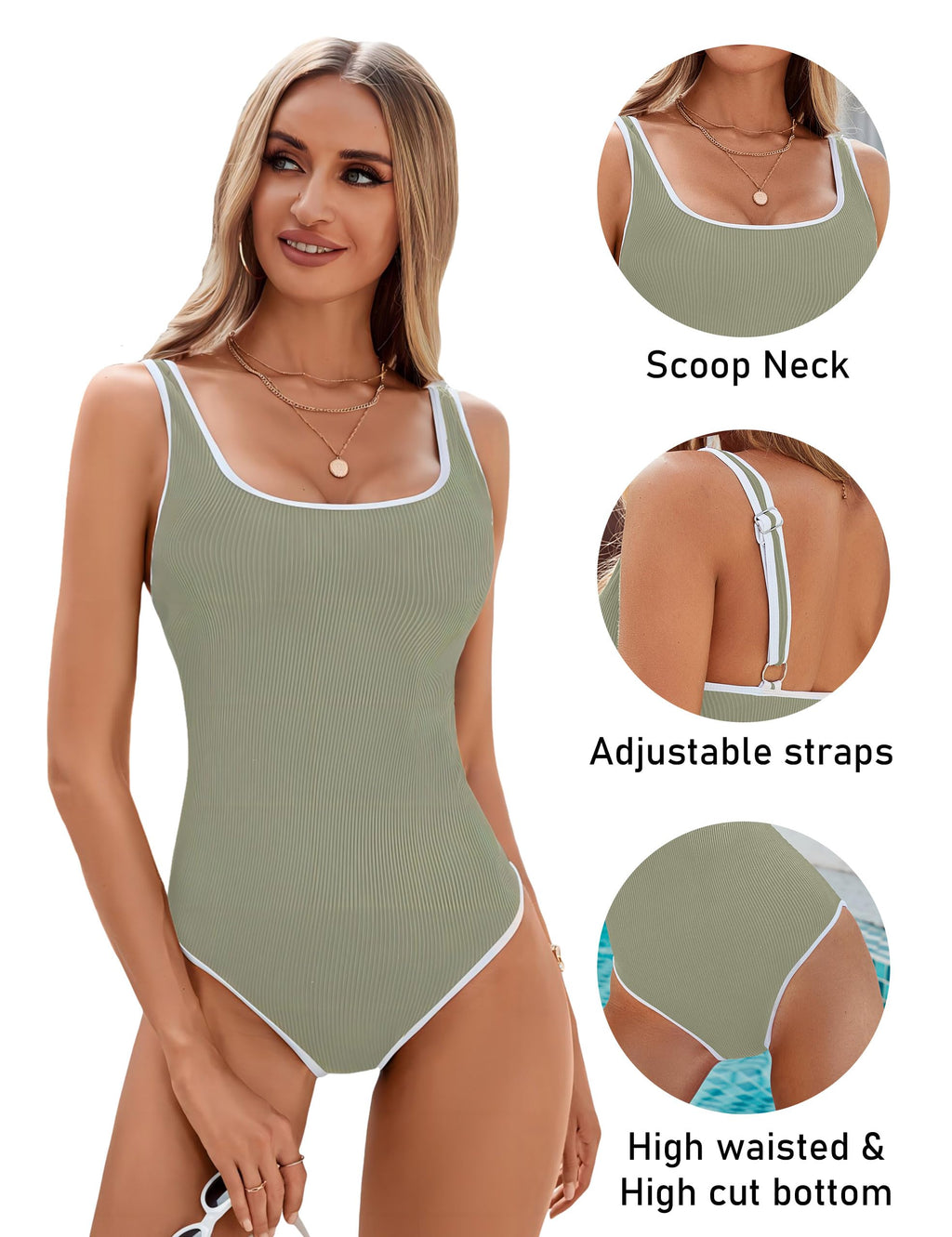 Ocevara - Women's One Piece Swimsuit Sports Adjustable Strap Bathing Suit Color Block Ribbed High Cut Swimsuits