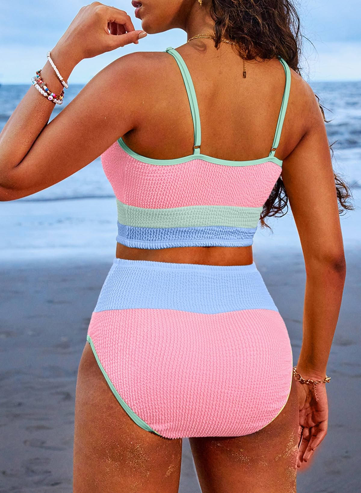 Ocevara - Women 2 Piece Bikini Set High Waisted Color Block Swimsuit Beach Scrunch Ribbed Bathing Suit