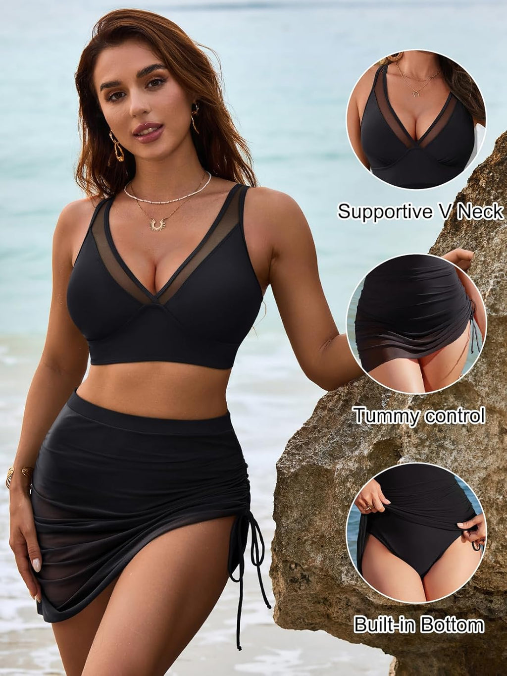 Ocevara - Womens Swim Skirt High Waisted Bikini Sets Tummy Control Swimsuits Mesh Sarong Wraps Bathing Suits