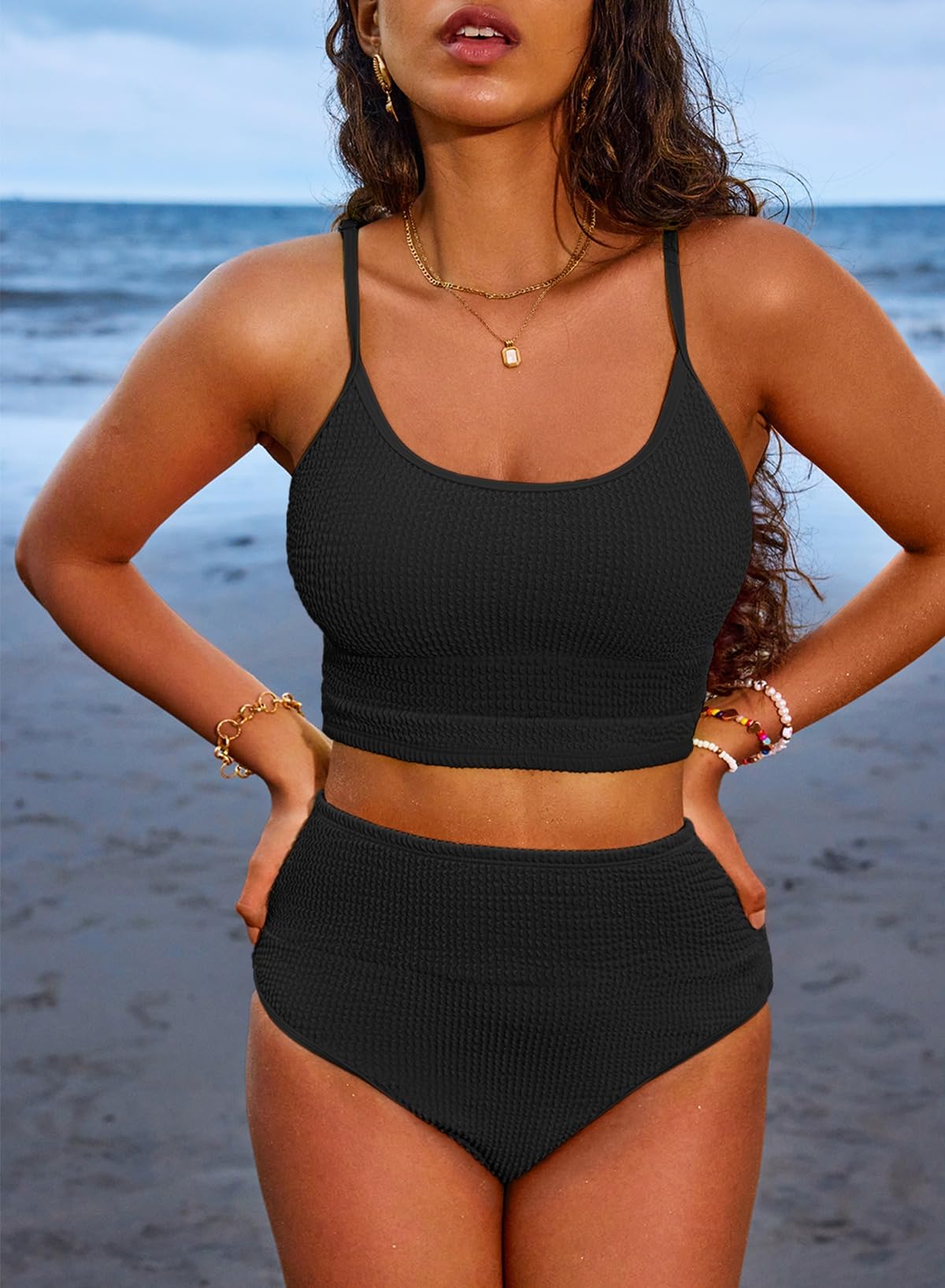 Ocevara - Women 2 Piece Bikini Set High Waisted Color Block Swimsuit Beach Scrunch Ribbed Bathing Suit