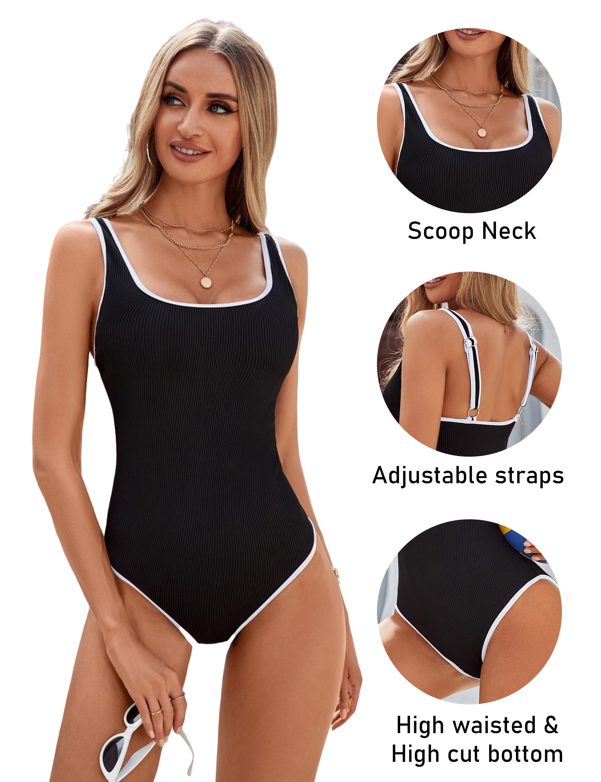 Ocevara - Women's One Piece Swimsuit Sports Adjustable Strap Bathing Suit Color Block Ribbed High Cut Swimsuits