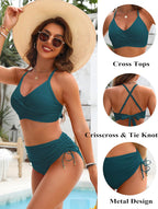 Ocevara - Womens High Waisted Bikini Sets Drawstring Tummy Control Swimsuits Crisscross Tie Back Bathing Suit