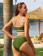 Ocevara - Women's High Waisted Bikini Sets Sporty Two Piece Swimsuits Color Block Cheeky High Cut Bathing Suits